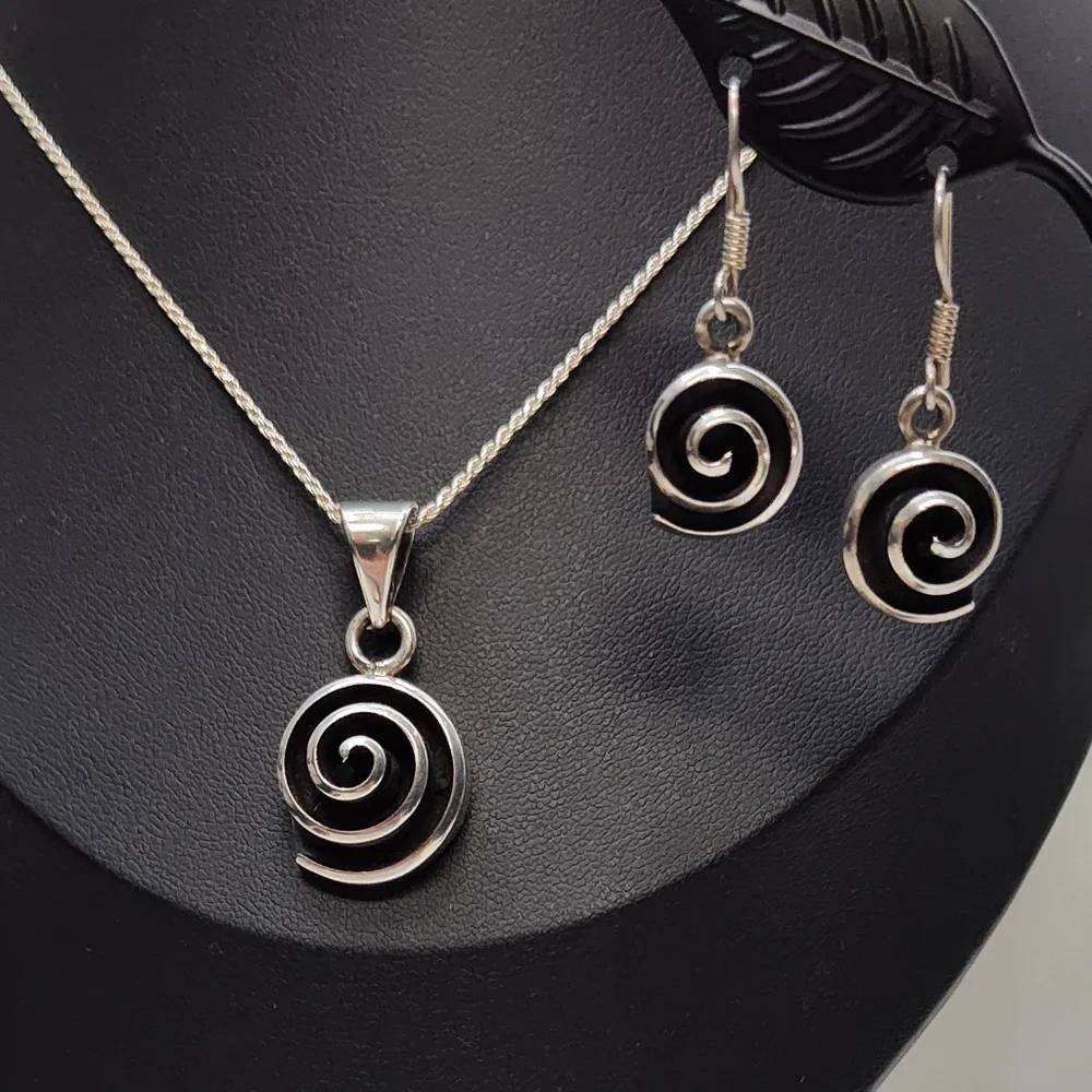 Vintage Mexico Sterling Silver Modernist Spiral Pendant Necklace Earring Set 20" - Picture 1 of 15